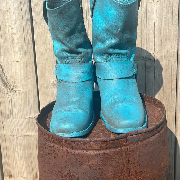 🤠REFASHIONED TURQUOISE LEATHER WESTERN ANKLE BOOTS SIZE 38-7 - Picture 8 of 9